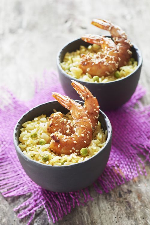 Riz à poêler basmati au safran et gambas marinées