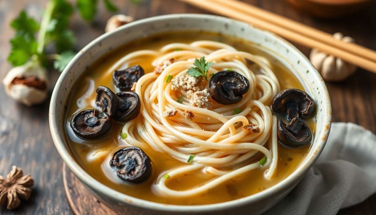 Une soupe réconfortante aux nouilles et champignons noirs