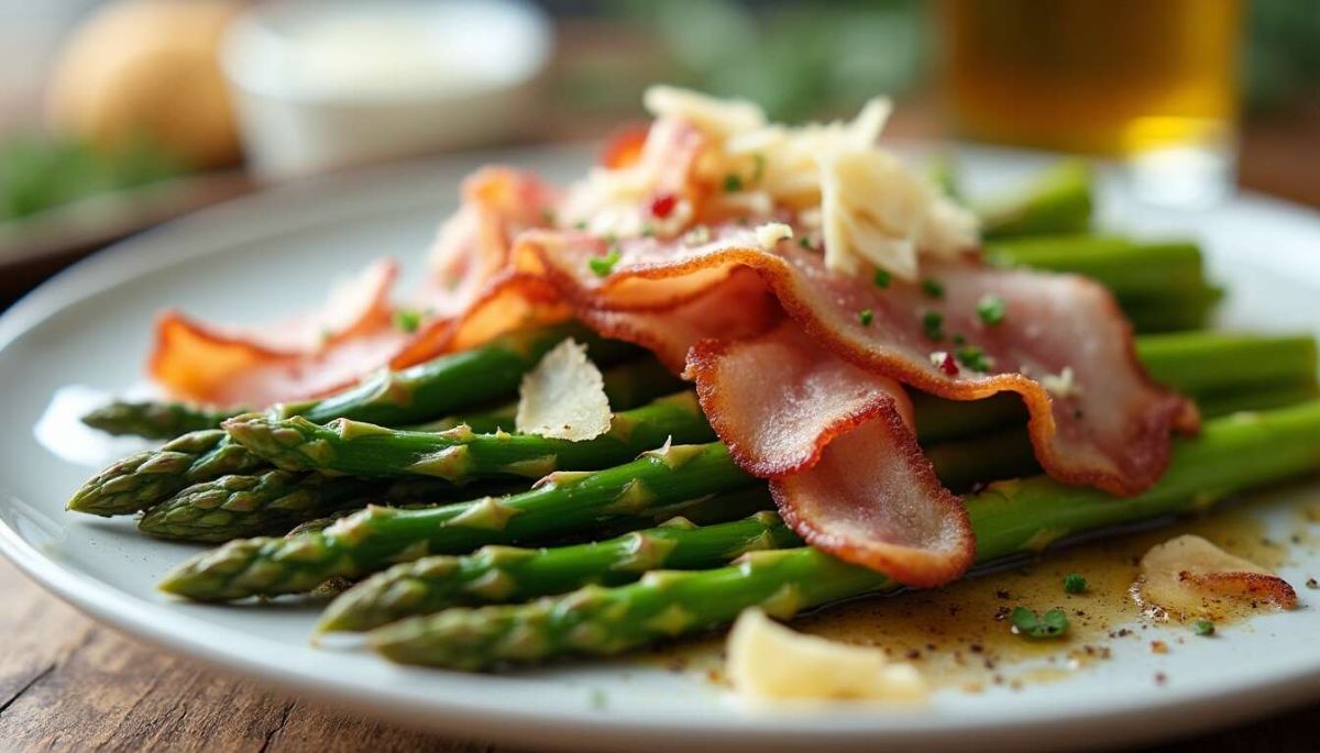 une salade d'asperges vertes et lard grillé à découvrir