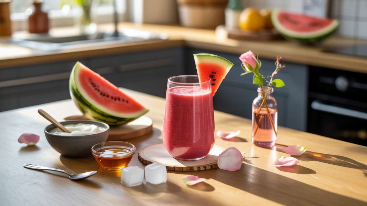 Découvrez ce smoothie léger à la pastèque et à l'eau de rose pour un été frais
