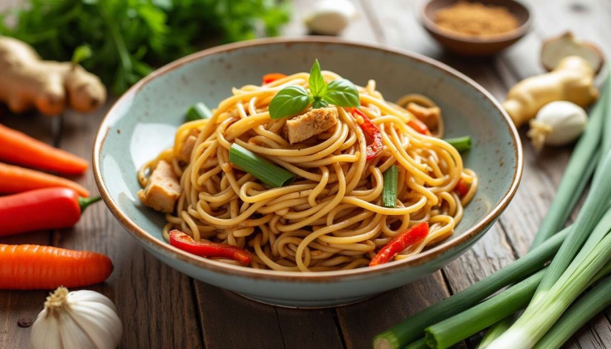 Un voyage culinaire asiatique avec des nouilles chinoises au poulet