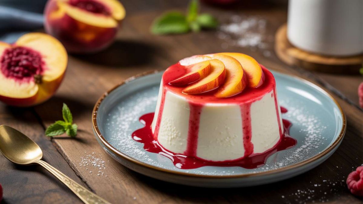 Une panna cotta revisitée avec pêche et framboises pour l'été
