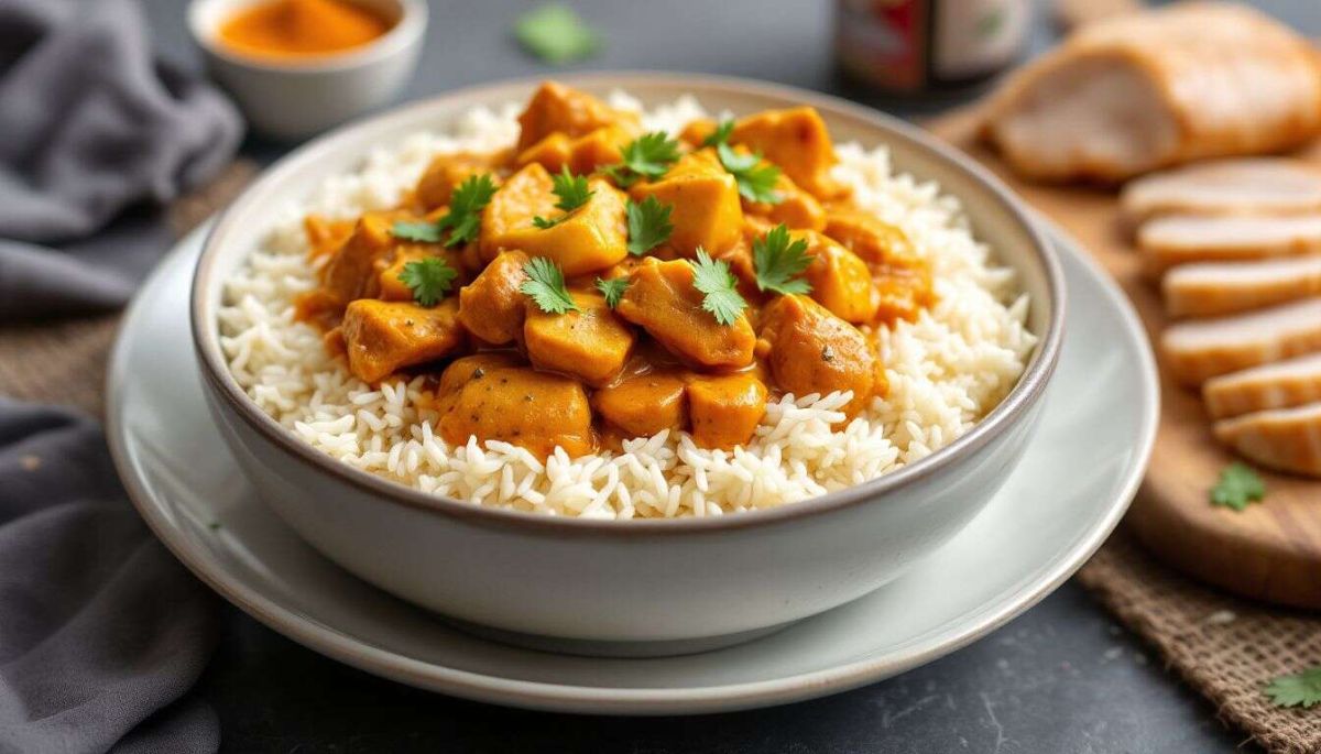 un délicieux riz blanc à la sauce poulet et curry pour un voyage culinaire